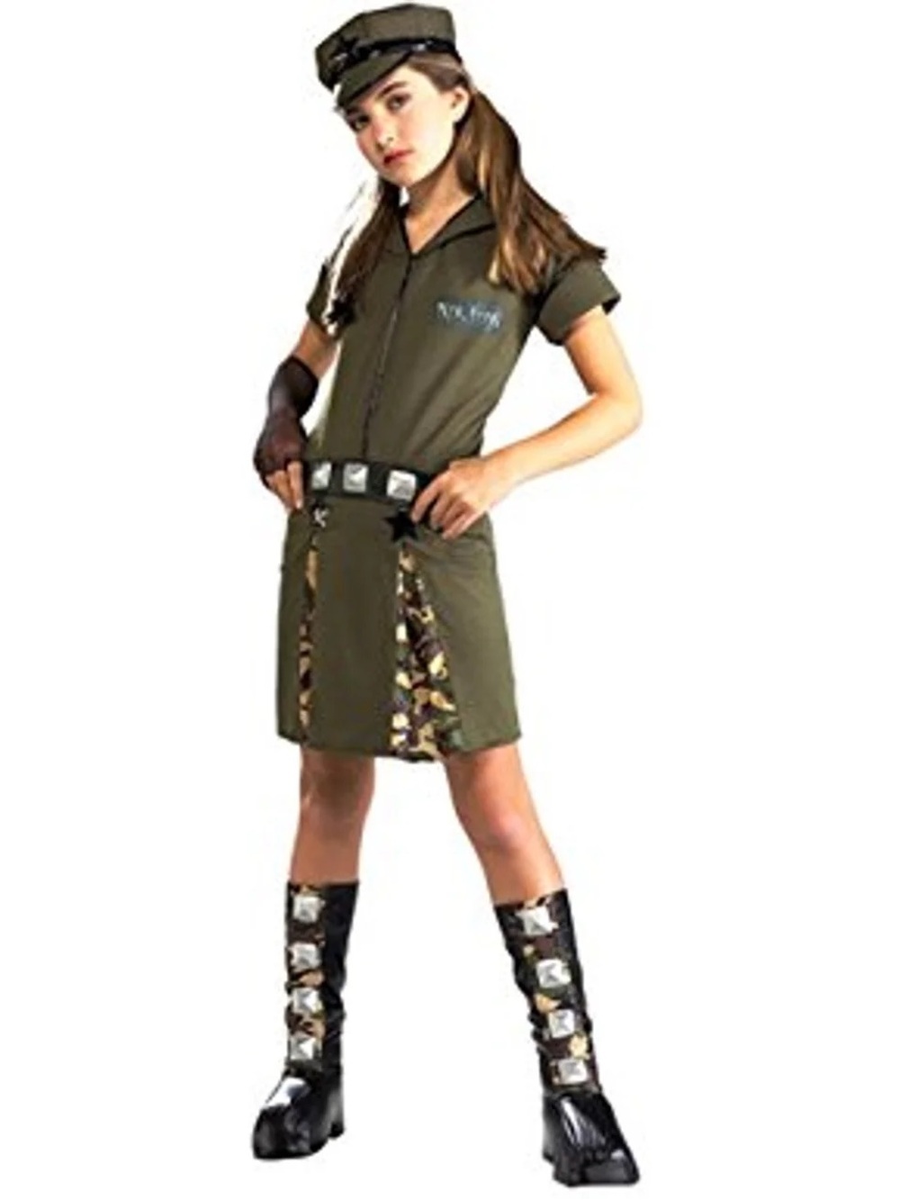 Girls Olive Military Costume Dress with Hat and Belt